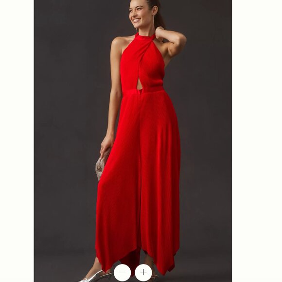 Anthropologie Plisse Halter Jumpsuit Red Size 8 - Picture 2 of 7